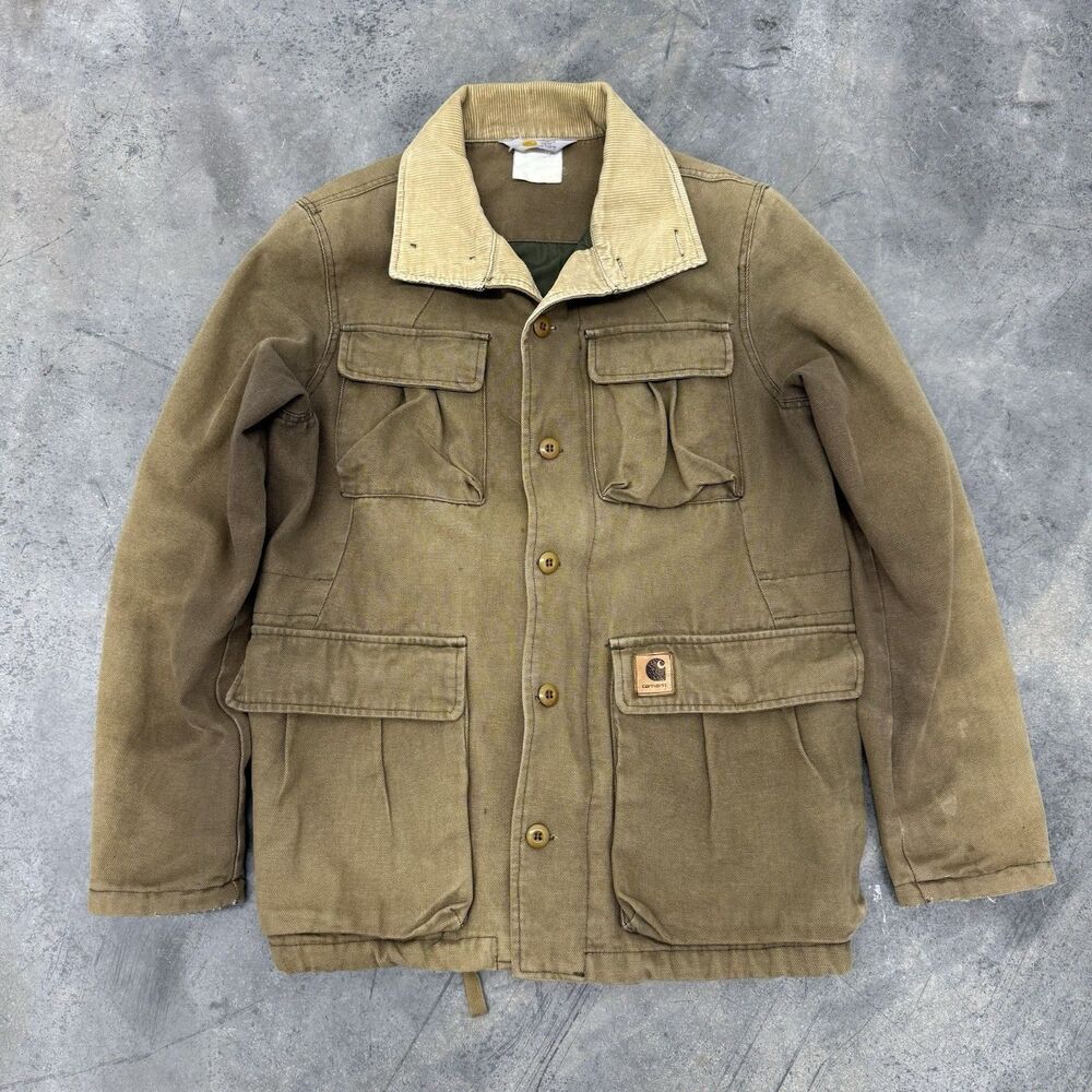 Vtg Carhartt Chore Coat Zip Up Jacket Canvas Duck Tan 80s 90s Distressed Size M